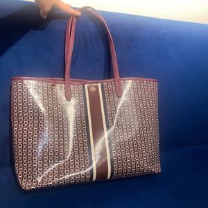 Tory Burch Burgundy Coated Canvas Tote